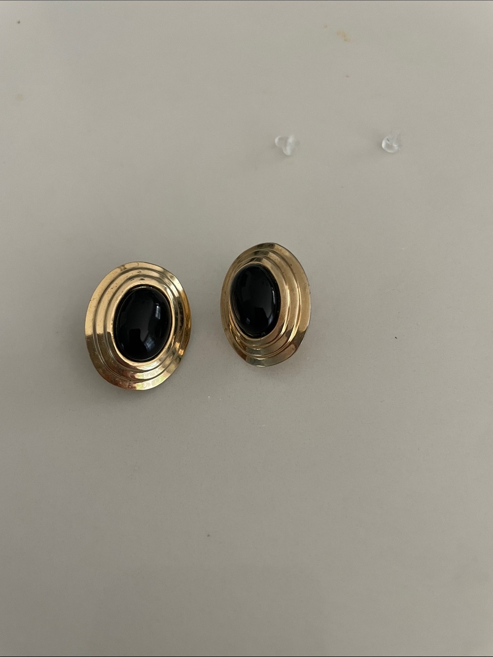 Gold Tone Earrings with Black Oval Cabochons